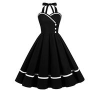 OBEEII Femme Robe Soirée Cocktail Vintage rétro année 1950 Audrey Hepburn pin-up Rockabilly Swing Col en V Halter Chic et Elegante Noir 2XL