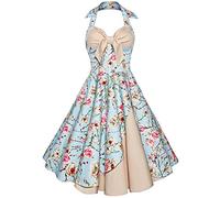 OBEEII Femme Robe Soirée Cocktail Vintage rétro année 1950 Audrey Hepburn pin-up Rockabilly Swing Col en V Halter Chic et Elegante Abricot 3XL