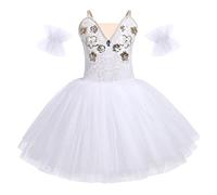 OBEEII Fille Ballet Danse Robe Spaghetti Straps D?calcomanie Brod?e Tutu Justaucorps Classique Gymnastique L?otard Costume avec Brassard Blanc 7-8 Ans
