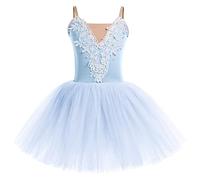 OBEEII Fille Ballet Danse Robe Spaghetti Straps Décalcomanie Brodée Tutu Justaucorps Classique Gymnastique Léotard Costume avec Brassard Bleu b 8-10 Ans