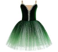 OBEEII Fille Ballet Danse Robe Spaghetti Straps Décalcomanie Brodée Tutu Justaucorps Classique Gymnastique Léotard Costume avec Brassard Vert B 11-12 Ans