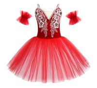 OBEEII Filles Ballet Vêtements Tutu de Danse Classique Paillettes Broderies Robe de Ballet Justaucorps Ballet Costume de Danse avec Brassard Rouge 5-6 Ans