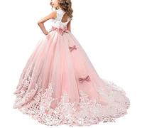 OBEEII Filles Robes de Cérémonie sans Manches en Dentelle Strass Décor Élégante Robe Princesse de Soirée Mariage Demoiselle d'honneur Communion Fête Prom 4-5 Ans Rose