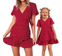 OBEEII Mères et Fille Robe d'été Manche Courte a Pois Imprimé Fleuri Midi Robe de Plage Soirée Maman et Moi Famille Ensemble de Vêtements Rouge XL