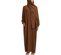 OBEEII Robe à Musulmane Femme Abaya Tenue de Prière de Couleur Unie Robe du Dubai Arabe Islamique Moyen-Orient pour Soirée Mariage Ramadan avec Hijab Marron L