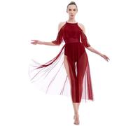 OBEEII Robe Danse Ballet Femme Brillant Robe Justaucorps Patinage Artistique Strass sans Manche Asymétrique Tutu Robe Latine Jazz Rumba Costume Performance Spectacle Vin Rouge M