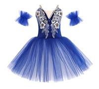 OBEEII Robe de Ballet Tutu Danse Classique Fille Jupe Tulle Justaucorps Danse Spaghetti Straps Paillettes Broderies Gymnastique L?otard Dancewear Costume avec Brassard Bleu fonc? 7-8 Ans