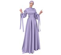 OBEEII Robe de Prière Musulmane Femme Abaya Islamique Maxi Caftan Africain Turquie Islam Pleine Longueur à Manches de Poupée Violet + Turban S