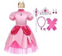 OBEEII Super Brothers Déguisement Princesse Peach Robe pour Filles avec Couronne Cosplay Carnaval Halloween Party Dress Up Outfit Rose+Accessoires 7-8 Ans