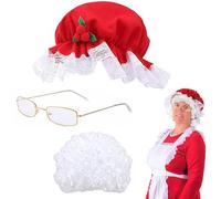 Obelunrp 4 PCS/SET Le costume Mme Claus comprend une perruque blanche, un chapeau de Noël rouge, des verres, un costume de vieille dame à une taille seigne