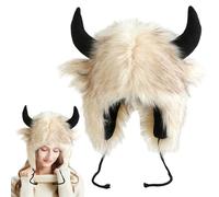 Obelunrp Chapeau de buffle unisexe en fausse fourrure avec cornes et oreillettes, casquette chaude d'hiver amusante pour fête déguisée Halloween (beige)