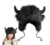 Obelunrp Chapeau de buffle unisexe en fausse fourrure avec cornes et oreillettes, casquette chaude d'hiver amusante pour fête déguisée Halloween (noir)