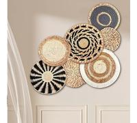 Obelunrp Décoration Murale tissée Ronde 7pcs rotin Fleur Boho décor Natural Rustique Mural tissé Panier Boho Art pour Chambre à Coucher, Salon, Salle de Bain, Rond