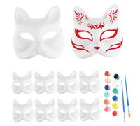 Obelunrp Fox Mask 10pcs Diy Cat Mask Cosplay Face Halloween vierge avec des pigments de 12 couleurs et 2 pinceaux Masques de papier blanc peint à la main pour Halloween Party Cosplay, Fox, décor Noël