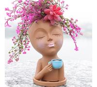 Obelunrp Jardinières Mignonnes, jardinière avec Plateau Dame Buvant des Pots de Visage de café pour Plantes étanche résine Pots de Plante Mignonne café Pots de Pot Dame