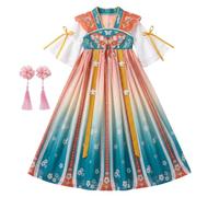 Obelunrp Robe chinoise pour filles, robe traditionnelle chinoise avec broderie et imprimés floraux + pince à cheveux assortie, bleu champagne, 140 cm, Mulan pour filles, pour