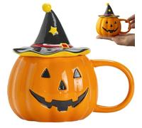 Obelunrp Tasse citrouille mignonne de 320ml avec couvercle de sorcière, tasse à café en céramique résistante à la chaleur avec poignée