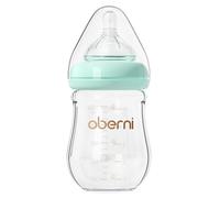 Oberni Biberon en verre anti-coliques avec tétine en silicone à débit lent, 150 ml, 0 mois et plus, col large, bleu/1 paquet