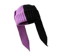 Obesntln Bunny Hat Contrast Color Crochet Winter Headwear with Long Ears