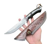 Obespina Couteau Artisanal Damas Camping Lame Fixe Acier Manche Bois d'Ébène Insert Stabilisé Collection Custom Cadeau Homme Suminagashi VG10 EDC Chasse Randonnée Extérieur Bushcraft Étui Forgé