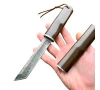 Obespina Couteau Lame Fixe Lame Tanto Acier Damas Japonais Suminagashi San Maï Camping Étui Intégral Bois Cadeau Homme Collection Artisanat Randonnée EDC Custom Extérieur Survie Forgé