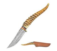 Obespina Couteau motif damas imprimé laser étui collection camping manche corne plastique extérieur collection cadeau homme edc traditionnel custom lame fixe extérieur bushcraft