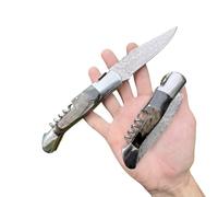 Obespina Couteau Pliant Cran Forcé Tête Corse Damas Luxe Tire Bouchon Poche Traditionnel Lame Tranchant Rasoir Manche Corne Bélier Artisanat Forgé Cadeau Homme Fête Père EDC Camping