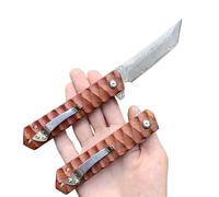 Obespina Couteau Pliant de Poche Damas Tanto Style Japonais, Couteau Pliant en Acier Damas 67 Couches VG10, Couteau de Poche Damascus lame Tranchante et Manche en bois, Pour Collection Cadeau Homme