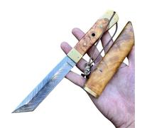 Obespina Magnifique Couteau Lame Fixe Acier Damas Tanto Full Tang Tranchant Bois Stabilisé Collection San Maï Japonais EDC Extérieur Camping Étui Intégral Chasse Cadeau Homme Suminagashi Bushcraft
