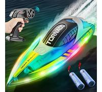 OBEST Bateau télécommandé avec lumières 2.4 GHz RC Bateau de Course télécommandé 2 Piles Bateaux télécommandés pour Enfants de 6 7 8 9 10 Jouets Cadeaux pour Enfants