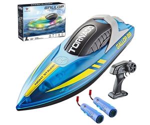 OBEST Bateau télécommandé avec lumières 2.4 GHz RC Bateau de Course télécommandé 2 Piles Bateaux télécommandés pour Enfants de 6 7 8 9 10 Jouets Cadeaux pour Enfants