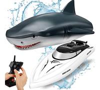 OBEST Jouet d'eau RC Bateau avec Requin, 2.4GHz Télécommandé 2 en 1 Shark Speedboat Electrique pour Enfants, Cadeau D'été pour Piscine Pool Lake Pond