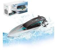 OBEST Télécommandé Bateau avec LED Lumière, 20+ km/h Haute Vitesse, 2.4GHz Double Hélice RC Requin, 2 Batteries Rechargeables, Jouet Rapide Electrique pour Enfants Piscine