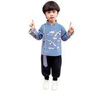 OBiQuzz Enfant Fille Printemps Fête du Printemps Coton Sweat Doublé Hauts Pantalons Vêtements Calendrier Chinois Nouvel An Hiver Chaud Tang-Costume Tenues Ensemble Costume Enfant 86, bleu, 6-7 ans