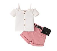 OBiQuzz Ensemble pour bébé fille à manches courtes Bowknot côtelé Tops et short ceinture sac banane Tenue bébé nouveau-né, Blanc., 6-12 mois