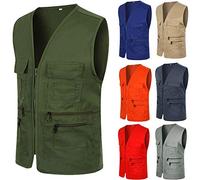 OBiQuzz Gilet sans manches pour homme - Sans col - Gilet de pêche avec de nombreuses poches - Vintage - Léger et respirant - Gilet de travail, trekking, randonnée, loisirs - Veste de pêche, Orange, XL