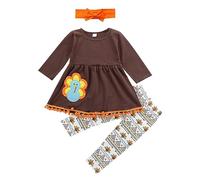 OBiQuzz Jour de Thanksgiving Fille Manches Longues Robe de Dinde Chemise à Manches Longues, Pantalon Imprimé Ethnique Bandeau, Ensemble Trois Pièces Bébé Survêtement, marron, 2-3 ans