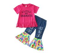 OBiQuzz Lot de 2 t-shirts pour fille - Pantalon court - Jeans pour bébé - Lettre denim 16 ans - Ensemble de vêtements - Trous - Vêtements de sport pour fille, rouge, 4-5 ans