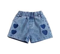 OBiQuzz Short en jean pour fille avec imprimé Love brodé clair, taille élastique et pantalon de gardien de but pour enfant 128, bleu, 3-4 ans