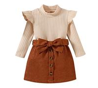 OBiQuzz T-shirt à volants pour fille - Manches longues côtelées - Col roulé - T-shirt solide - Jupe nœud papillon - Tenue frère et sœur, Blanc., 3-4 ans