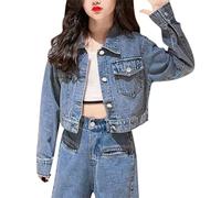 OBiQuzz Veste en jean pour fille - Veste en denim - Veste mi-saison - Boutonnée - Veste de loisirs légère - Couleur unie - Manches longues - Vêtement d'extérieur décontracté - Pour l'automne et