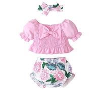 OBiQuzz Vêtements pour enfants filles couleur unie nœud haut fleurs short ensemble enfant convient aux bébés de 3 à 24 mois lot de 4, Rose, 2-3 ans