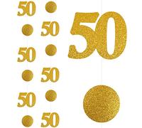 Oblique Unique® Guirlande à suspendre au plafond, chiffre 50, avec cercles, décoration pour noces d'argent, noces d'or, mariage, anniversaire, célébration (nombre 50 - doré)