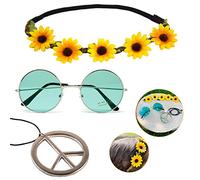 Oblique Unique® Hippie Ensemble d'accessoires de costume - Lunettes de soleil + chaîne de paix en cuir + bandeau floral pour fête des années 60 70 (lunettes de soleil - vert)