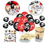 Oblique Unique® Kit de décoration de fête pirate - 10 ballons + 6 sacs cadeaux + 18 tatouages + 6 cache-yeux pour anniversaire d'enfant garçon garçon fête à thème