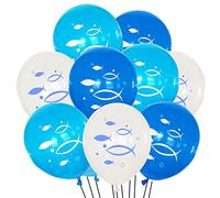 Oblique Unique® Lot de 10 ballons en forme de poisson - Pour baptême, communion, confirmation, garçon, anniversaire, mariage - Blanc et bleu