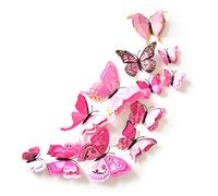 Oblique Unique Lot de 12 stickers muraux décoratifs avec papillons 3D - Double ailes - Effet fleurs - Rose