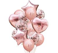 Oblique-Unique® Lot de 14 ballons décoratifs en aluminium avec confettis en forme de cœur et étoiles pour anniversaire, fête, mariage, JGA Party or rose champagne