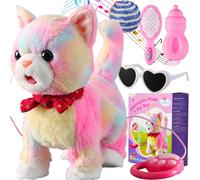 Obotic Kitty Ensemble de laisse colorée pour chat qui coure, chante, ronronne et miaule, sort de la langue, chaton en peluche animé, animal de compagnie, peluche mobile, jouet réaliste