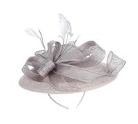 Obotsnoi Chapeau bibi en sinamay d'inspiration vintage avec plumes et bandeau réglable pour mariage, événement Derby, élégant chapeau en maille pour fête de mariage, gris, Taille unique